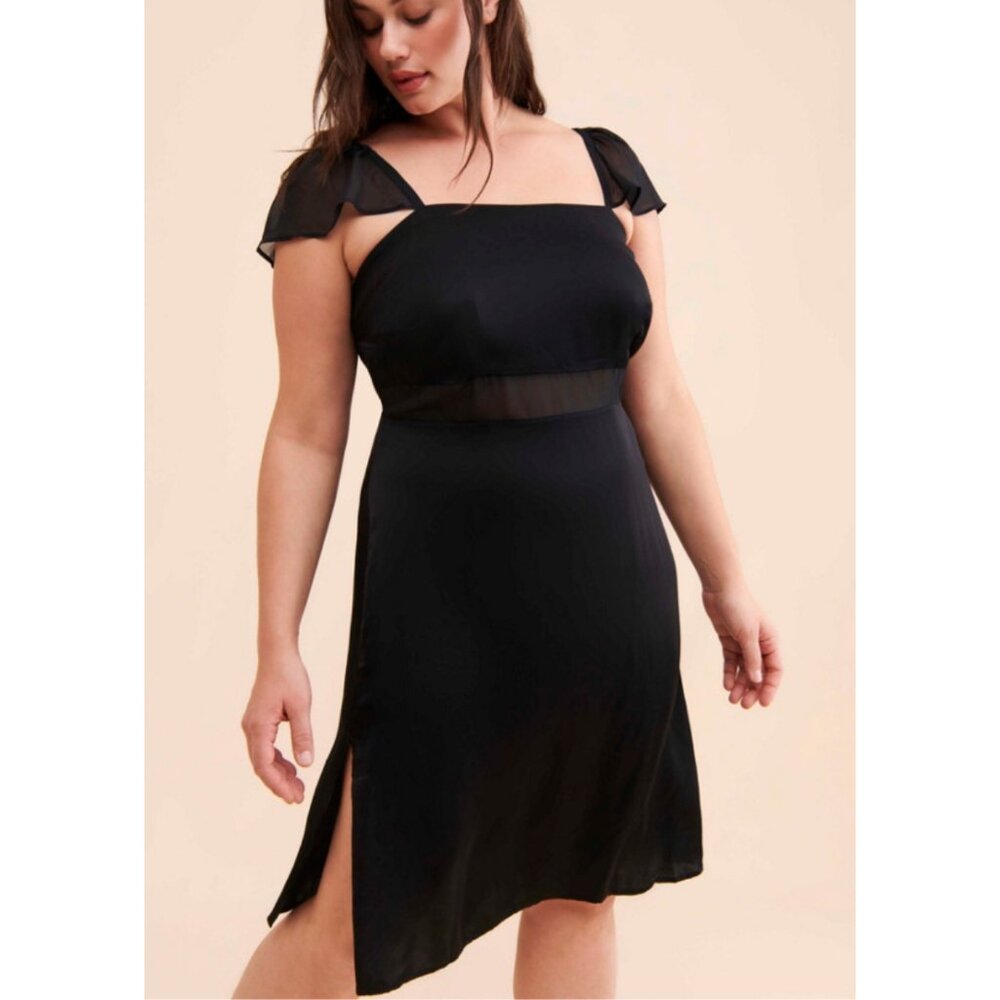 NWT Anthropologie Free People Flutter Sleeve Black Silky Slip Dress w Sheer Back